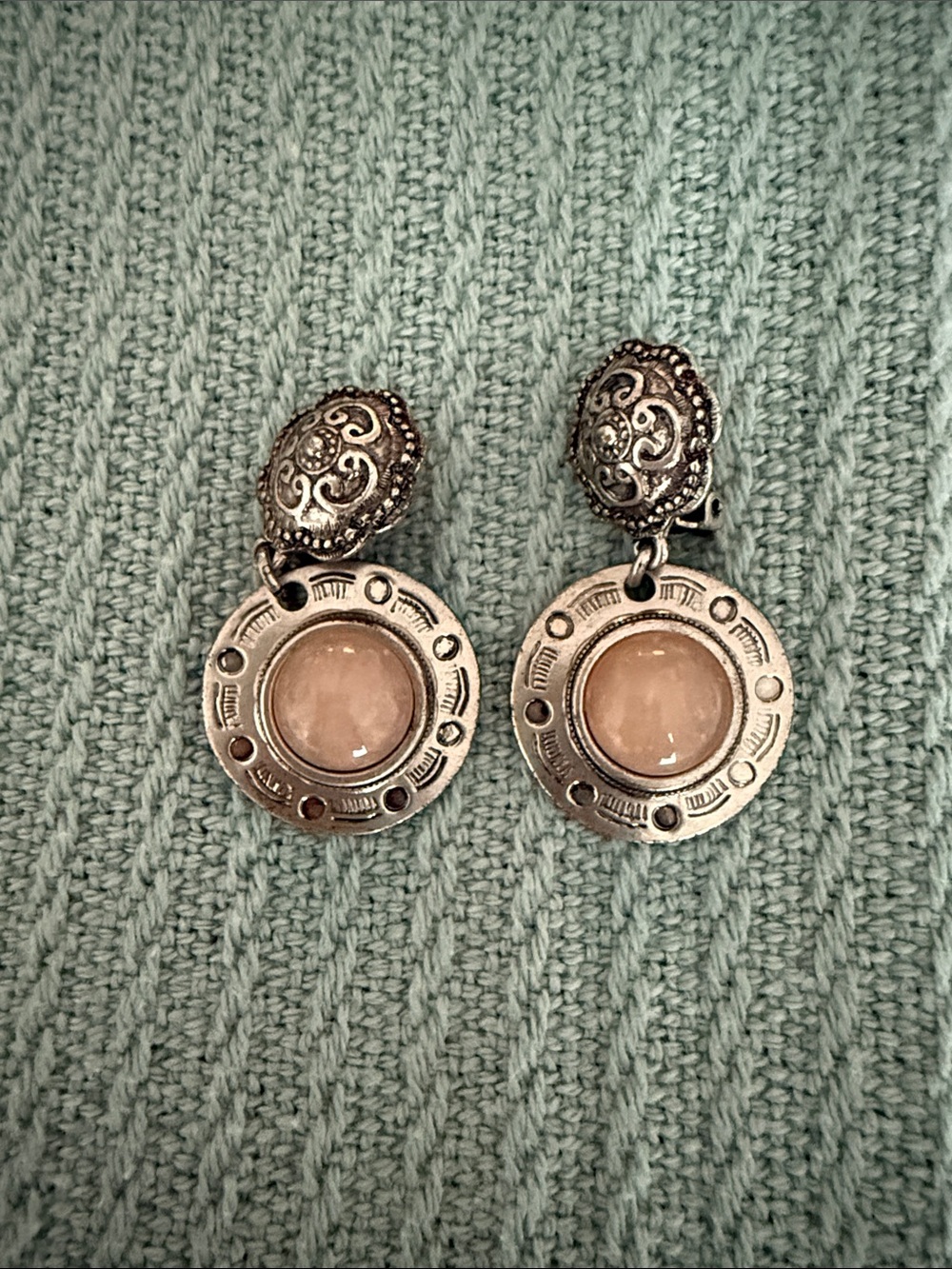 Silver-Tone Drop Earrings with Peach Stone Clip-On